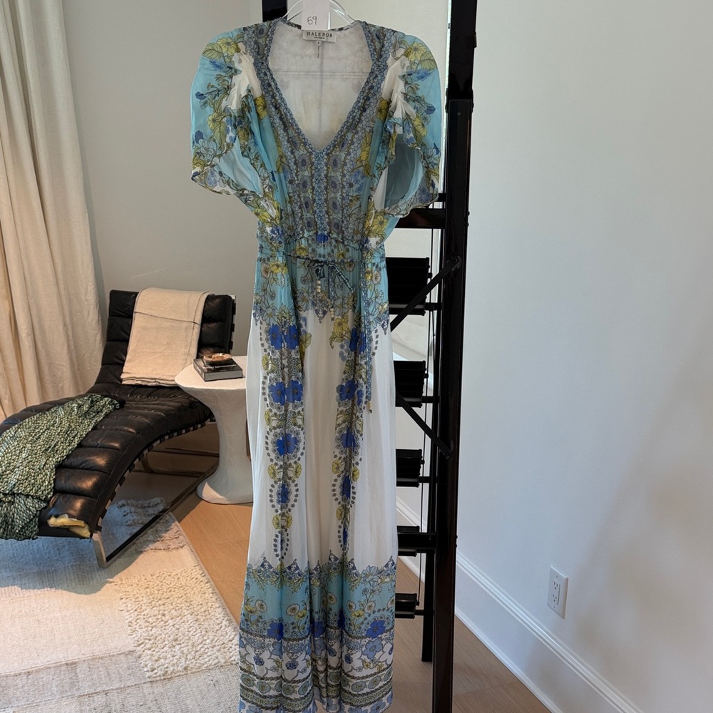 Hale Bob Blue and White Floral V-Neck Maxi Dress